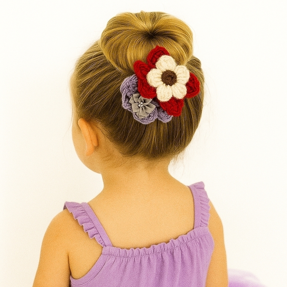 Hand Crafted Floral Bow Hair Clip Hand Knit Crochet flowers Purple Red and beige